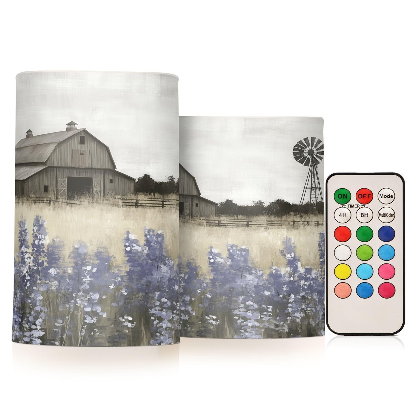 WEVIBOFU Farmhouse Landscape Wildflowers Barn Windmill Flickering Flameless Candles LED Battery Operated with Remote Timer Pillar Candles for Home Birthday Wedding Christmas Decor, Set of 2