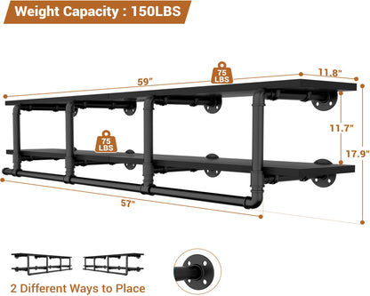 Aheaplus Industrial Pipe Clothes Rack with Top Shelf, 59In Space-Saving Wall Mounted Clothing Rack, 2 Tiers Heavy Duty Pipe Clothing Shelves with Hanging Rod for Laundry Room, Closet Storage, Black