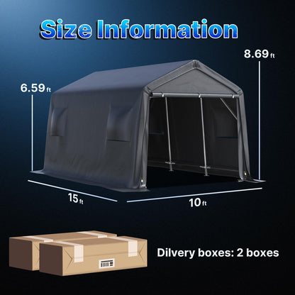 ADVANCE OUTDOOR 10X15 ft Garage Shelter Steel Metal Peak Roof Portable Storage Shed Carport for Motorcycle Boat, or Garden Tools with 2 Roll up Doors & Vents, Gray