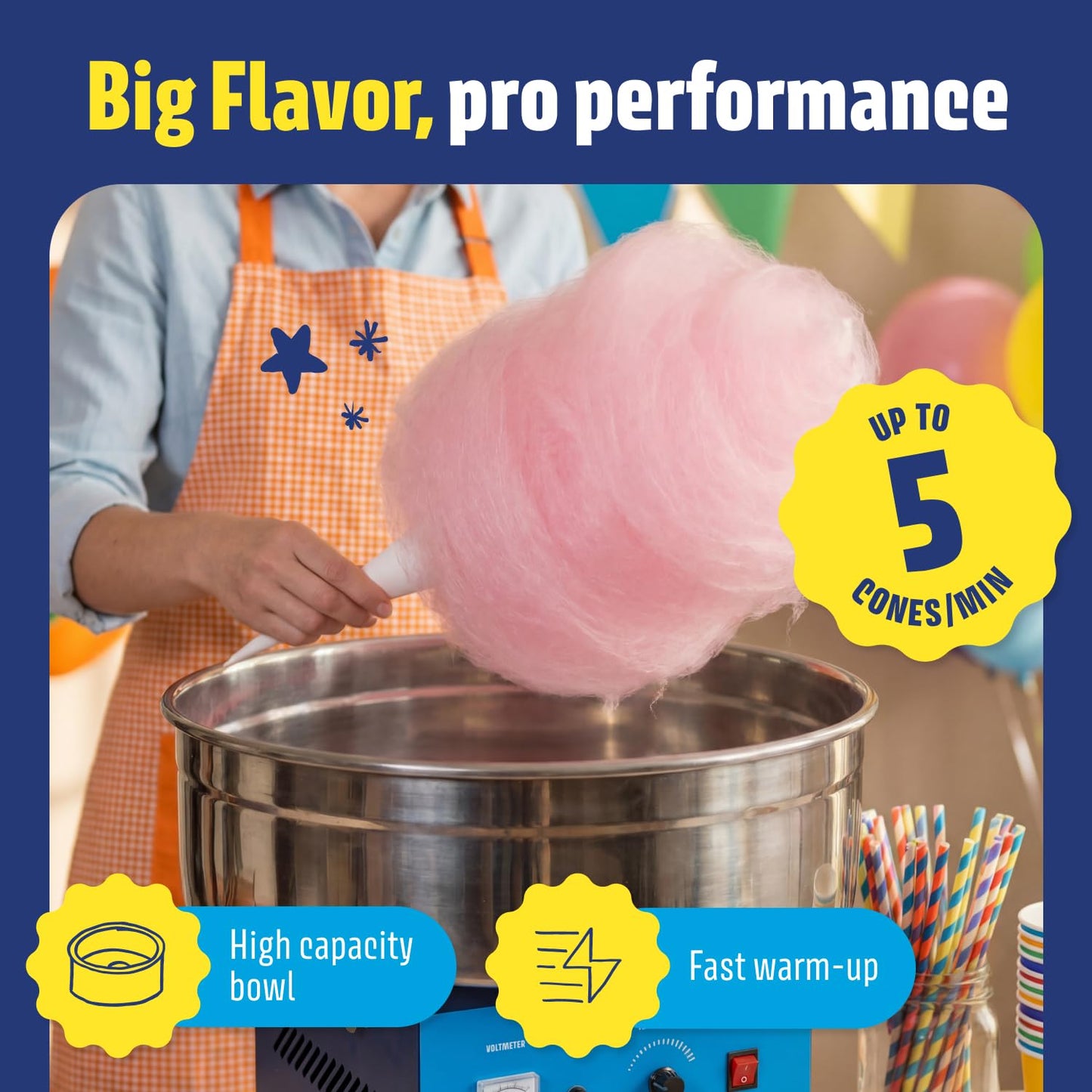 Wumple Professional Cotton Candy Machine - Commercial Electric Maker with Drawer & Large Stainless Steel Bowl - Fast Heat-Up - Perfect for Parties & Business - Blue