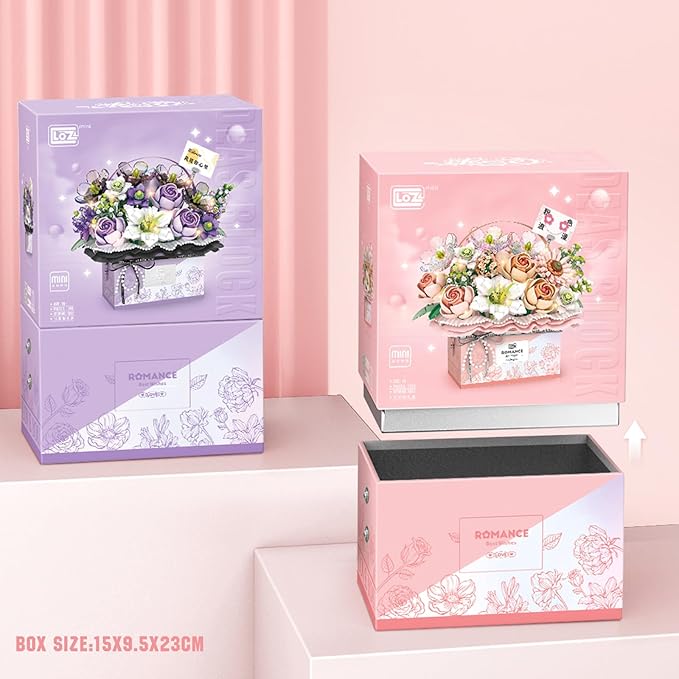 Flower Bouquet Building Blocks Model SetSimulation Artificial Rose Handheld Gift BoxBonsai Plant Building Bricks ToysHome Decor (Fantasy Pink)