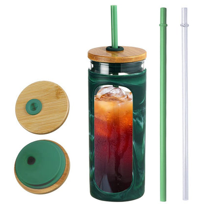 Kodrine 20oz Glass Tumbler with Straw and Lid, Iced Coffee Cups with Bamboo Lids, Glass Cups for Cold Drinks, Smoothie Cup with Silicone Sleeve for Travel, Work, BPA FREE-Green