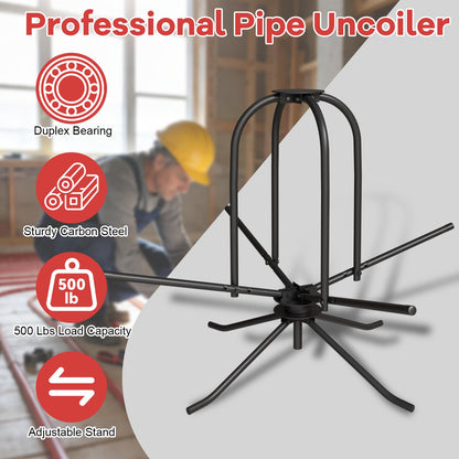 Heavy Duty PEX Pipe Uncoiler with Carry Bag & Hold-Down Bar, 500 lb Load Capacity Full Size Steel Piping Uncoiler for 3/8”–1” PEX Tubing, Foldable Radiant Floor Heating Tube Reel Dispenser