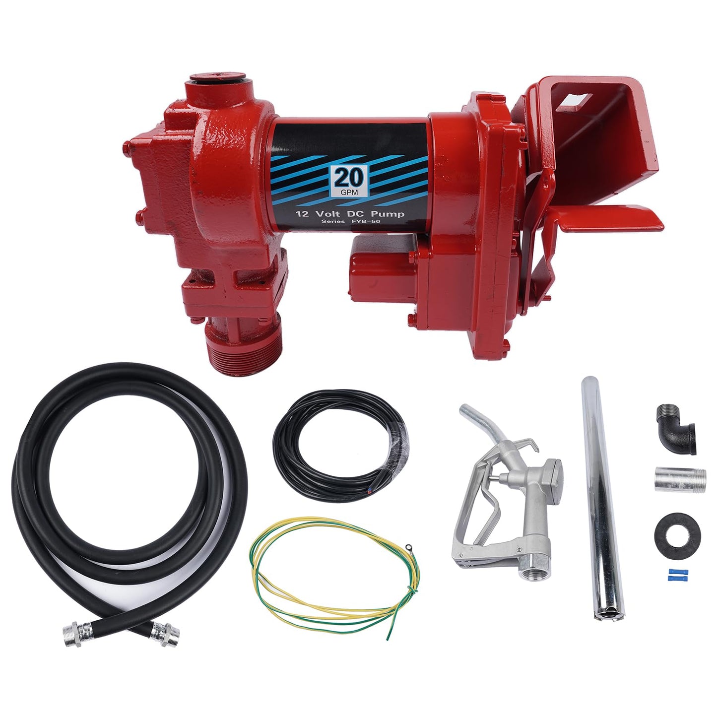 Fuel Transfer Pump, 12 Volt 20 GPM, with Nozzle Kit for Transfer of Gasoline, Diesel, Kerosene, Ethanol & Methanol Blends & Biodiesel Red (Fuse Required More than 50Amp)