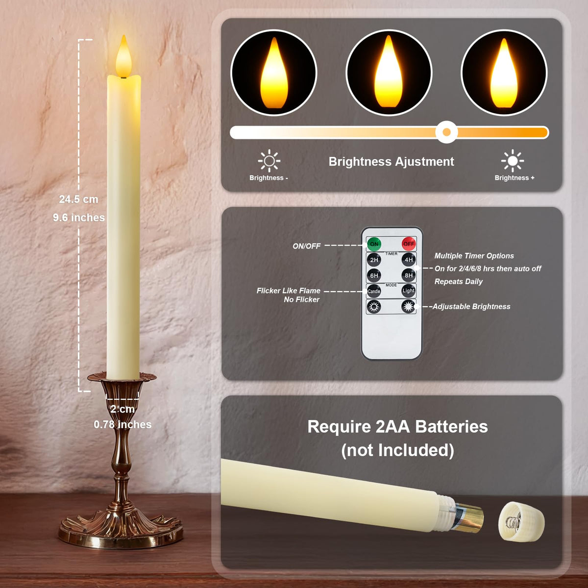 Meigic 6 Pcs Flameless Taper Candles with Remote Timer Dimmer, 9.6 inches Ivory Plastic LED Candlesticks, Battery Operated LED Candles, for Indoor Home Wedding Christmas Decoration