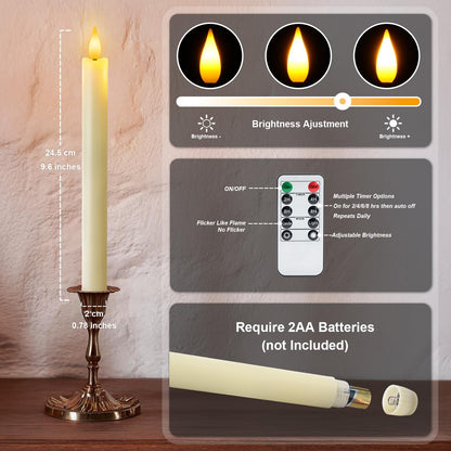 Meigic 6 Pcs Flameless Taper Candles with Remote Timer Dimmer, 9.6 inches Ivory Plastic LED Candlesticks, Battery Operated LED Candles, for Indoor Home Wedding Christmas Decoration