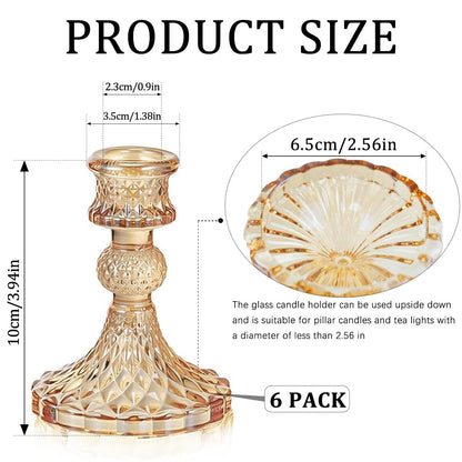 6 Pack Glass Taper Candlestick Holders, Gold Candlestick Holders, 4" H Crystal Candle Holders Decorative Candle Stand Centerpiece for Wedding, Festival, Dinning Party Table Decor