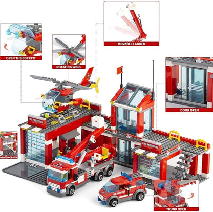 General Jim's Fire Station Multi Emergency Vehicle 774 Piece Modular Building Block Bricks Amazing Colorful 2 Level Fire Station Building Block Bricks Toy with Helipad - for All Building Levels