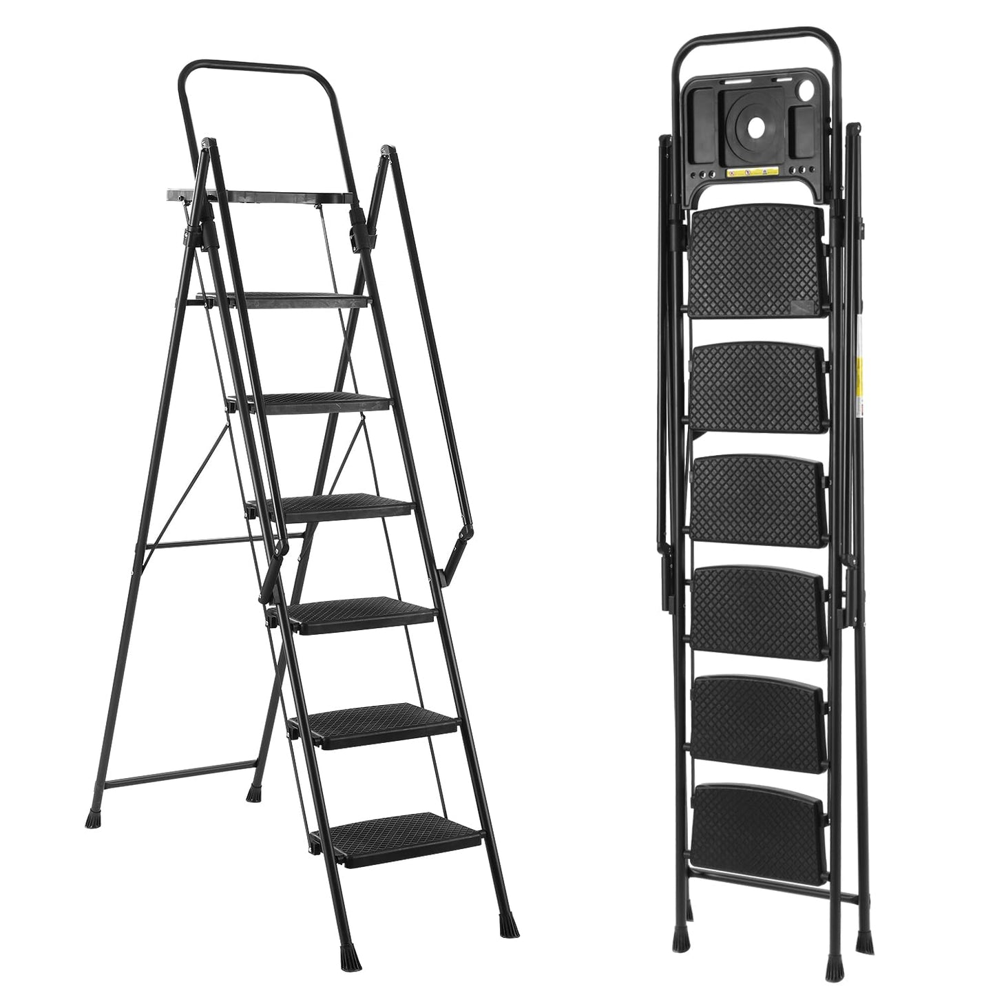KEIKI 6 Step Ladder, 6FT Tall Step Tool Ladders Foldable with Handrails & Tray, Folding Iron Stool Stepladder for Home Kitchen, Outdoor Sturdy Non-Slip Wide Pedals Load-Bearing 330 lbs, Black