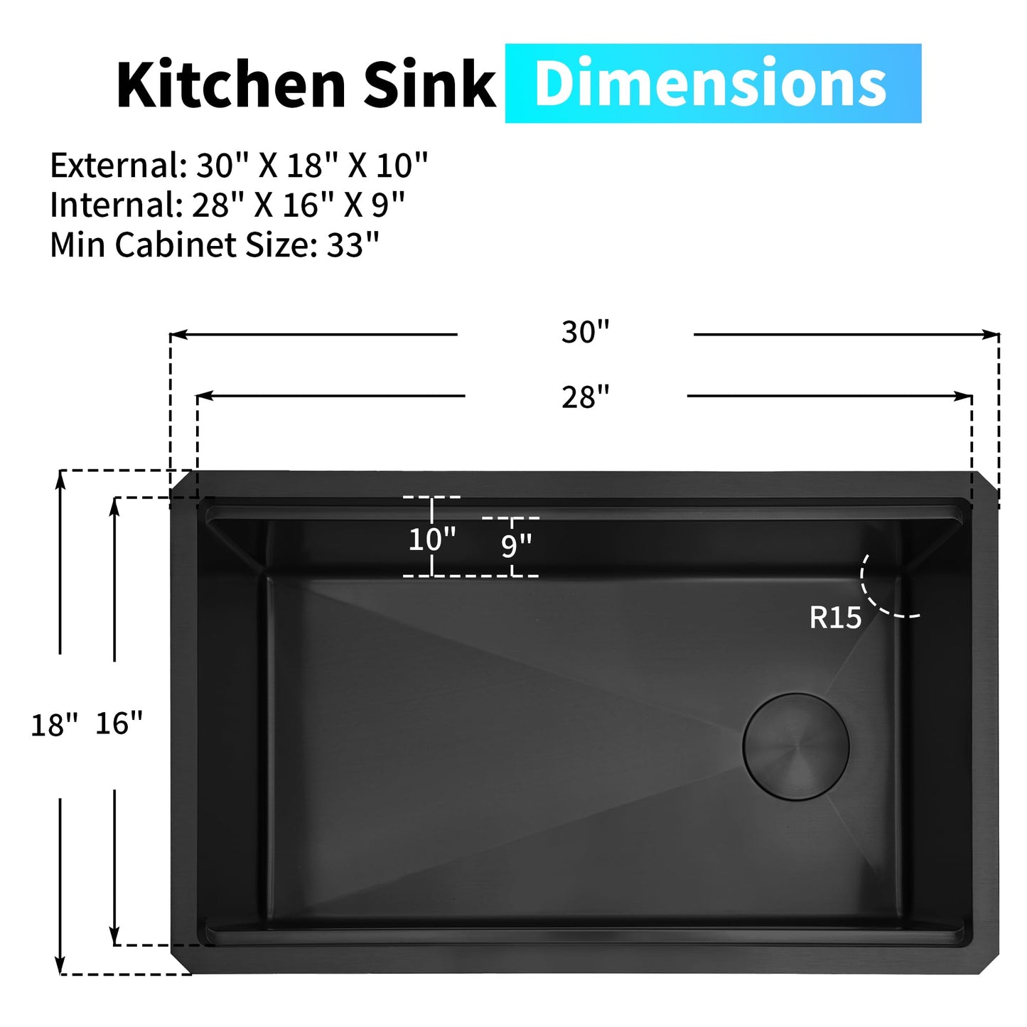 Lonsince Black Undermount Kitchen Sink 30 inch,16 Gauge Stainless Steel Sinks,Single Bowl Workstation Sink,Modern Kitchen Sink Offset Drain (30" X 18")