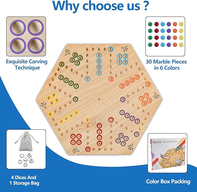 Wahoo Marble Board Game - Extra Large 23.6 Inches Game Board for 4 and 6 Players Classic Family Fun with 30 Marbles 6 Dice Storage Bag &amp Gift Box Bright Colors. (Extra Large Log)