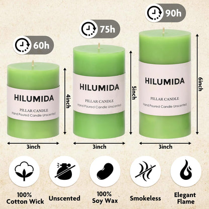 Green Pillar Candles Set of 3 - Spring Green Candles Decorations, Hand-Poured Unscented Candle, Smokeless Decorative Candle for Home, Set of 3 in Different Sizes (4", 5", 6")