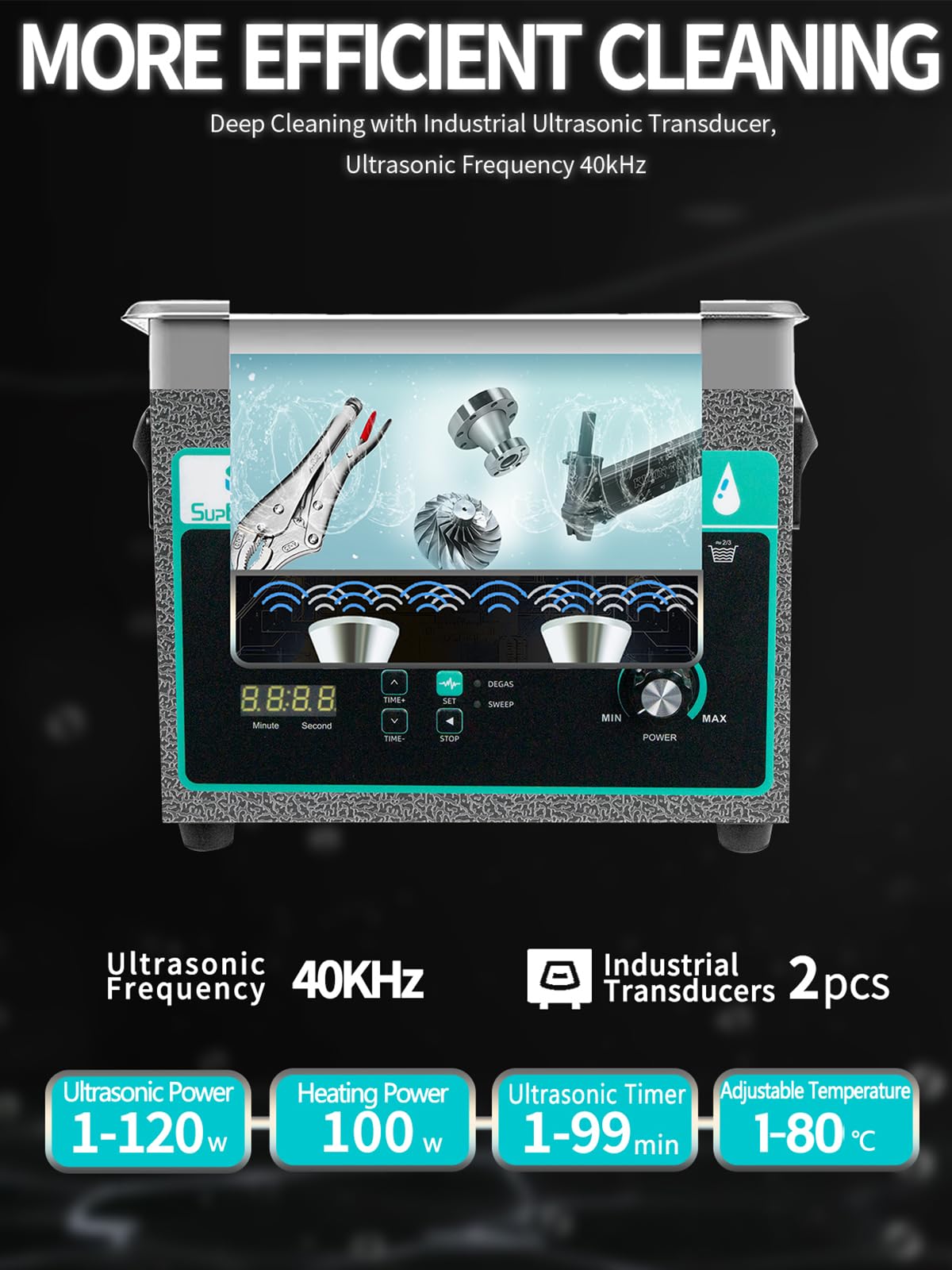 SupRUCCI Ultrasonic Cleaner 3L with Adjustable Power & Sweep, 120W Ultra Sonic Cleaning Machine, Digital Timer and Heater, Heavy-Duty Parts Cleaner for Industrial, Motorcycle, and Hardware Tools