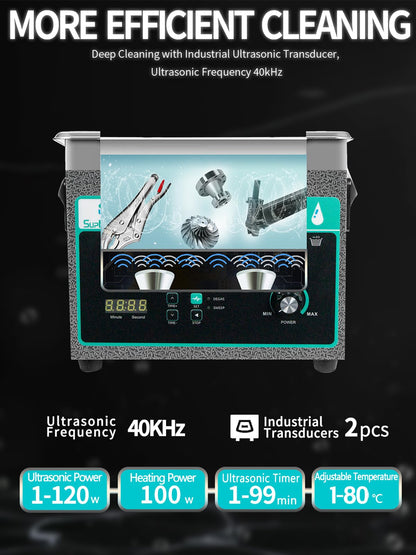 SupRUCCI Ultrasonic Cleaner 3L with Adjustable Power & Sweep, 120W Ultra Sonic Cleaning Machine, Digital Timer and Heater, Heavy-Duty Parts Cleaner for Industrial, Motorcycle, and Hardware Tools