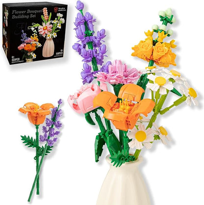Flower Bouquet Building Blocks Set - Artificial Flowers with Roses for Home Decor Unique Gift for Her or Him for Mother's Day Birthday Gift DIY Mini Micro Bricks Kits with Vase