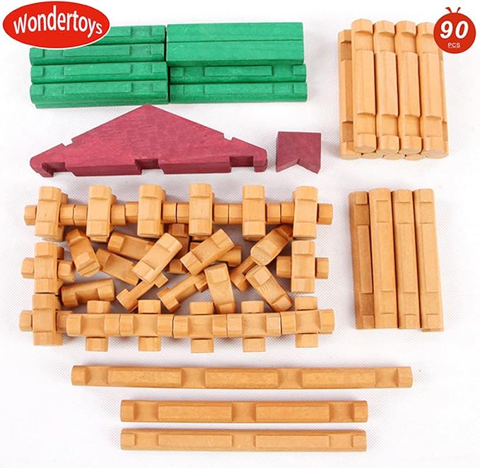 Wondertoys 90 Pieces Classic Wood Cabin Logs Set Building Log Toy for Children Farm House Construction Educational Toys for 3 4 5 6 Years Old