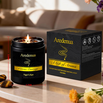 Aredenua Crystal Candle with Tiger Eye Healing Crystals, Citrus Aromatherapy Candle for Confidence, Natural Soy Wax Scented Candle with Real Gemstone, 7oz Long Burning, Motivational Chakra Gift