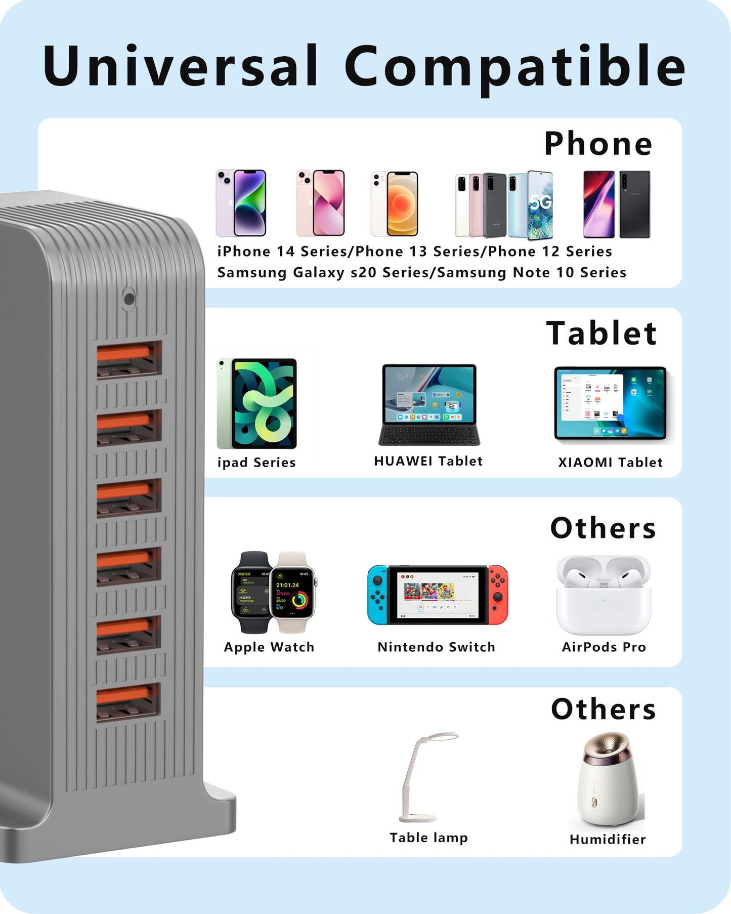 VPSUN USB Charger 6 Port 50W Multi USB Tower Charging Station for Multiple Devices iPhone 15/14/14 Pro/14 Pro Max/13 Pro/13 Pro Max/Android/Samsung/Tablet,etc (Gray, 50W)