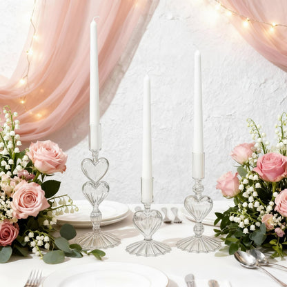Mumufy 3 Pcs Valentine's Day Glass Candlestick Holders Heart Glass Taper Candle Holder Valentines Heart Candle Stick Vase Decor for Galentine's Day Wedding Festival Party Table Centerpiece(Clear)
