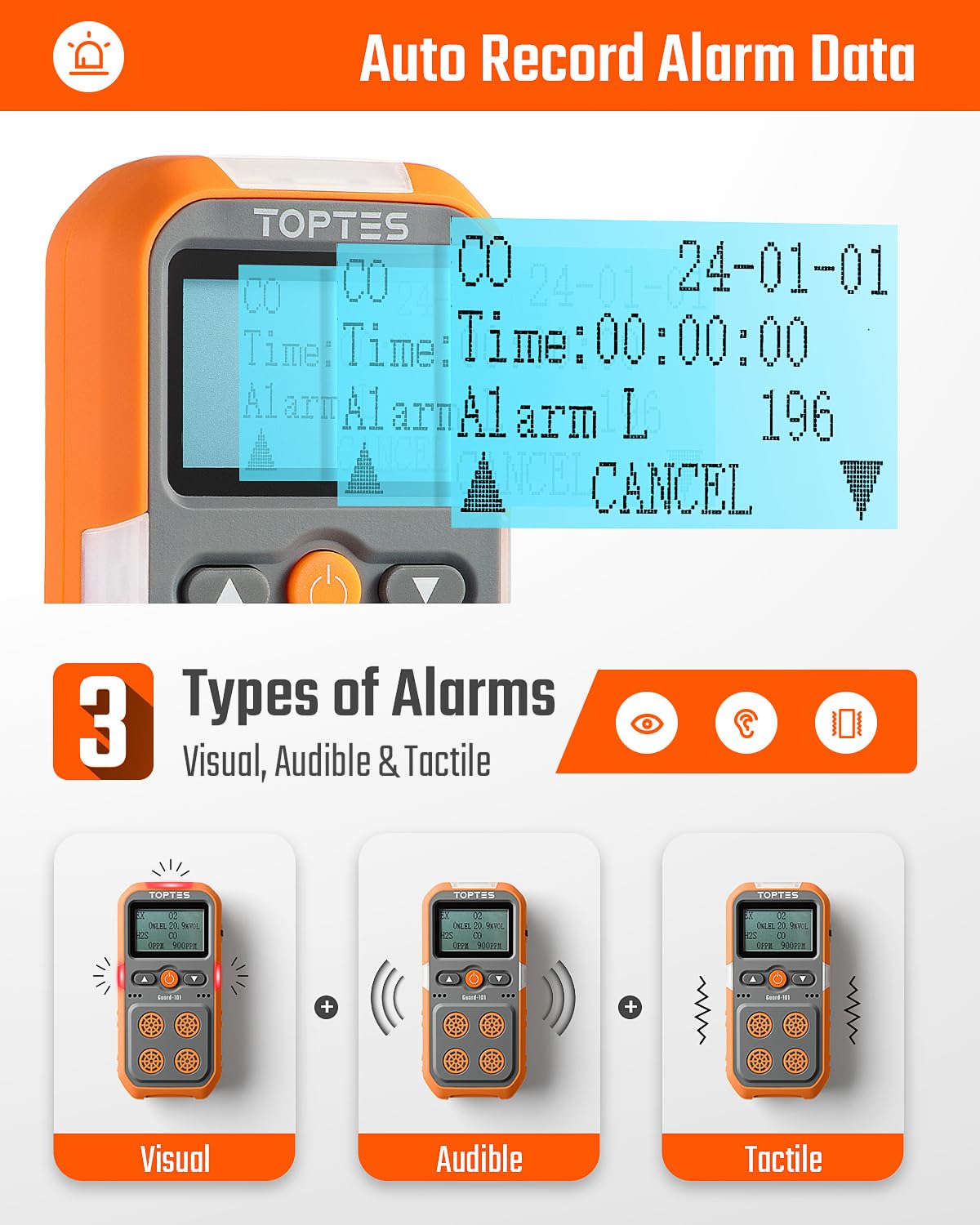 TopTes Guard-101 Gas Detector, 4 Gas Monitor for H2S, CO, LEL and O2, with Vibration, Visual and Audible Alarms, 14h Long Battery Life, Safety Explosion-Proof, for Work, Home - Orange