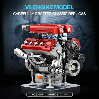Reobrix V8 Engine Building Set for Adults 1101 PCS Mechanical Building Blocks with Realistic Engine Motor Car Engine Engineering DIY Model Kit STEM Educational Gift for Car Lovers &amp Collectors