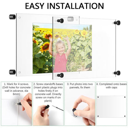Yalikop 8 Pcs Acrylic Floating Picture Frame 8.5 x 11 Inches Wall Mount Frameless Photo Frames Double Panel Clear for Home Office Photo Display, Full Size 9.6 x 13.2 Inch (Black)