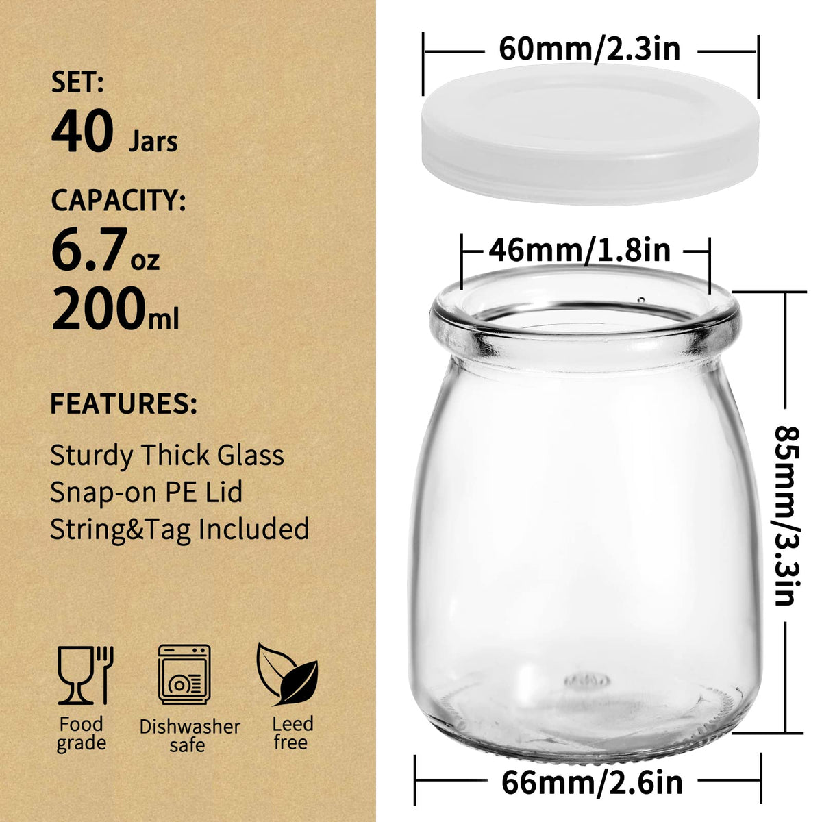 6.7 oz Glass Jars 40 Pack, Yogurt Jars with Leakproof PE Lids, Thick Durable Small Jars for Pudding, Jelly, Jam, Mousse, Spices, Candles - Reusable Glass Containers for Meal Prep, DIY Crafts