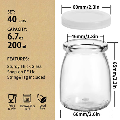 6.7 oz Glass Jars 40 Pack, Yogurt Jars with Leakproof PE Lids, Thick Durable Small Jars for Pudding, Jelly, Jam, Mousse, Spices, Candles - Reusable Glass Containers for Meal Prep, DIY Crafts