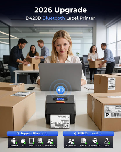 Phomemo Shipping Label Printer with Touchable Screen, 4x6 Bluetooth Thermal Label Printer with Built-in Label Holder, D420D Thermal Printers for Small Business, Compatible with USPS, Tiktok, Amazon