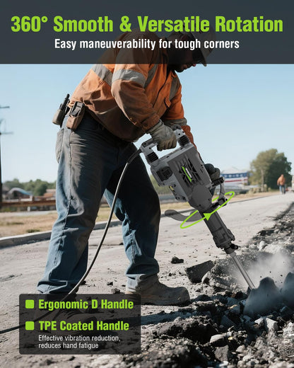WORKPRO 60 J Demolition Jack Hammer – 15A Heavy Duty Electric Concrete Breaker, 1900 BPM Industrial Jackhammer with 2 HEX30 Chisels, UL Plug, Wheeled Carry Case for Construction & Renovation