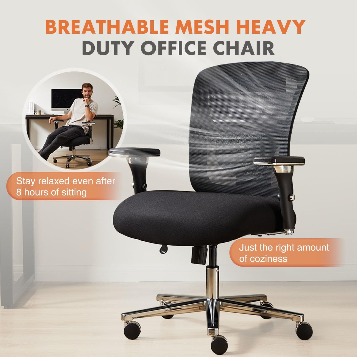 Sweetcrispy Ergonomic 500lbs Wide Heavy Duty Big and Tall Home Office Chair with Adjustable Lumbar Support and Wheels, 3D Armrest, for Adults