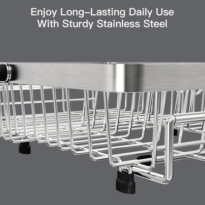 MAJALiS Dish Drying Rack Over The Sink, Expandable Stainless Steel Dish Drainer for Small Kitchen Counter Space Saving, RV Compact Plate Strainer In Silver Metal with Hanging Adjustable Utensil Holder