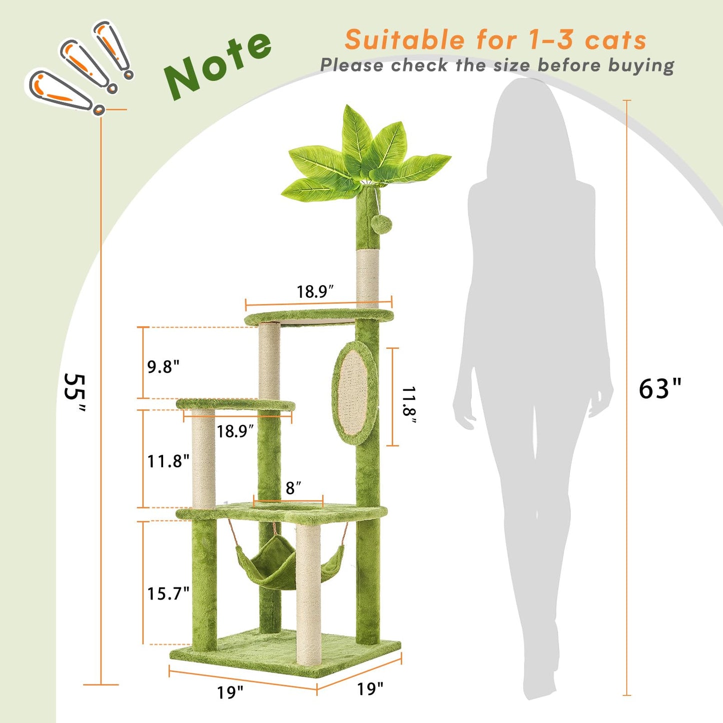TSCOMON 55" Cat Tree for with Green Leaves, Multi-Level Large Cat Tower with Hammock, Plush Cat House with Hang Ball Toy and Sisal Scratching Posts Furniture, Green