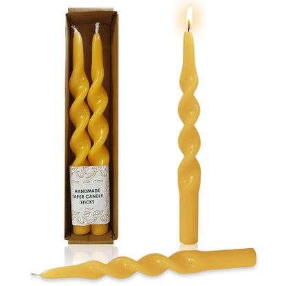 Beeswax Spiral Taper Candles Set of 2, 10 Inch Handmade Beeswax Candle Sticks, Natural Tapered Candles, Decorative Candlesticks for Wedding Dinner Home Gift