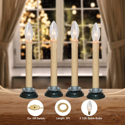 SUNSGNE Set of 4 Electric Window Candles, 7 Inch Plug in Window Candle Lamps with 7 Watt C26 Bulbs, Electric Candles with Black Wood Plum Iron Base, Turn On/Off Switch Candlesticks, Ivory Cord