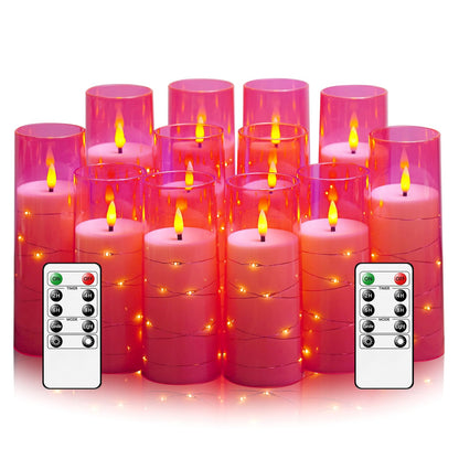 Sasigeiaa Flameless Candles with Embedded Star String - Battery Operated LED Candles, with Remote,12 Pink Flickering Candles for Christmas, Weddings, Home Decor & Party,(D 2.3"×H 5" 6" 7")