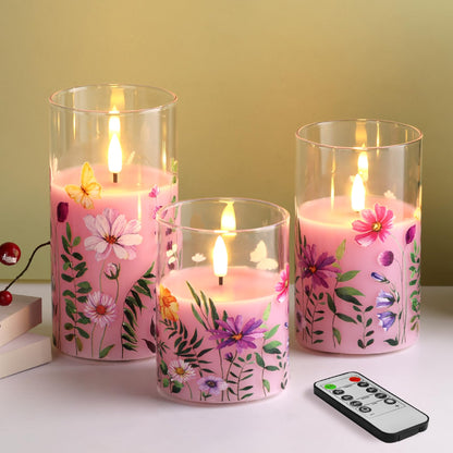 Eywamage Pink Floral Glass Flameless Candles with Remote, Flickering Spring LED Pillar Candles Battery Operated Home Decor Set of 3