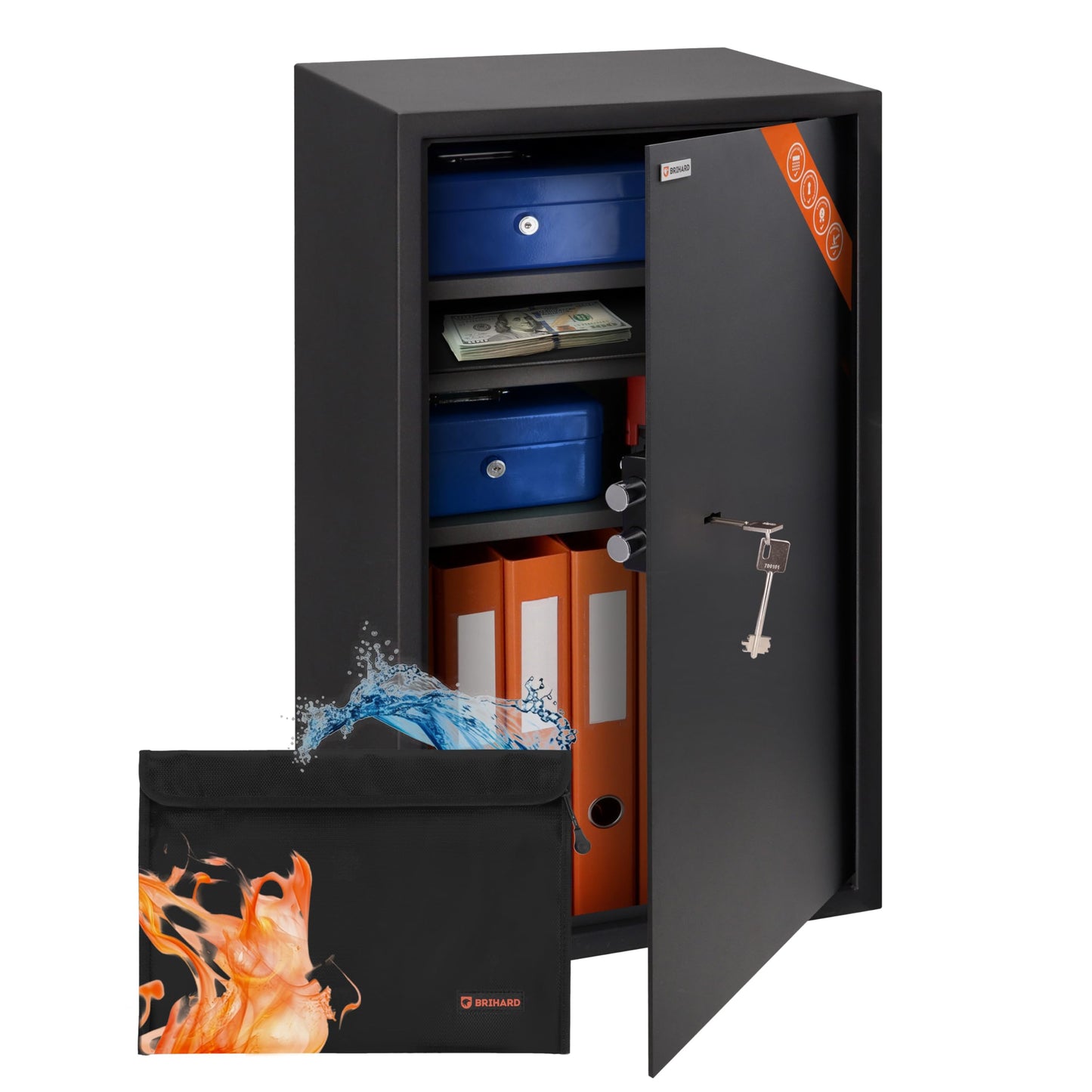 Brihard Business XXL Key Lock Safe 28.74"H x 15.75"W x 14.17"D with Fireproof A4 Bag, Large Office Safe 3.6 Cubic Feet for Documents A4 with 3 Height-Adjustable Shelves for Money & Jewelry