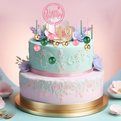 Yerliker 34 Pcs Happy Birthday Cake Toppers Decorations Birthday Candles DIY Cake Decor for Men Women Wedding Anniversary(Gold Green Pink)