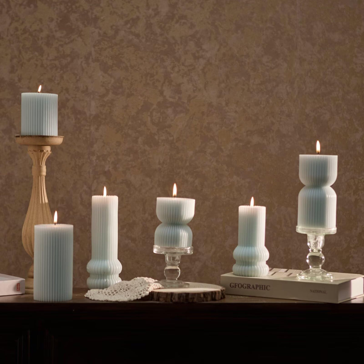 MOZEAL Hand-Poured Curved Ribbed Soy Blend Pillar Candles Set of 3 - Decorative Baby Blue Unscented Dripless Smokeless (3x4,6",8") 300 Hr Burn - Cozy Ambiance