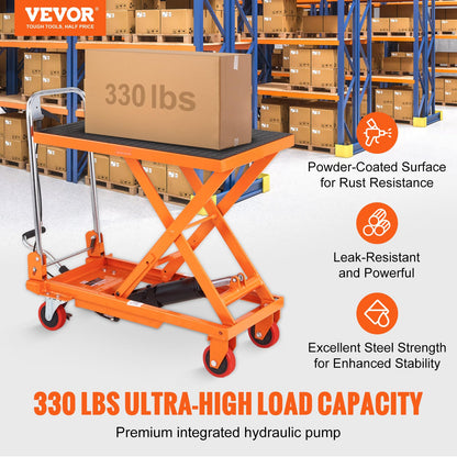 VEVOR TF15 Hydraulic Lift Table Cart, 330lbs Capacity 28.5" with 4 Wheels and Non-Slip Pad, for Material Handling and Transportation, Orange