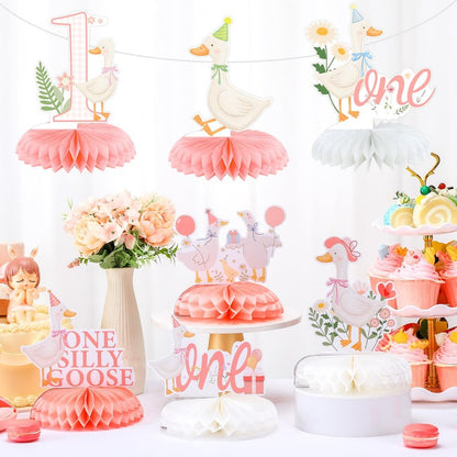 Weekgrat 8 Pcs One Silly Goose Birthday Decorations Silly Goose Birthday Honeycomb Centerpieces Pink 1st Party Supplies for Women Pink Bow Duck Funny Party Supplies