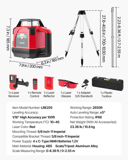 VEVOR Rotary Laser Level Kit, 2650ft 360-Degree Self Leveling Red Horizontal Laser Transit,with Heavy-duty Tripod, Receiver, Remote Control, Toolcase, IP66 Waterproof, 0.06in/100ft for Construction