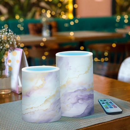 BOENLE Flickering Flameless Candles, Purple Gold Marble LED Candles with Remote Timer, Set of 2 Battery Operated Candle for Valentine Wedding Birthday