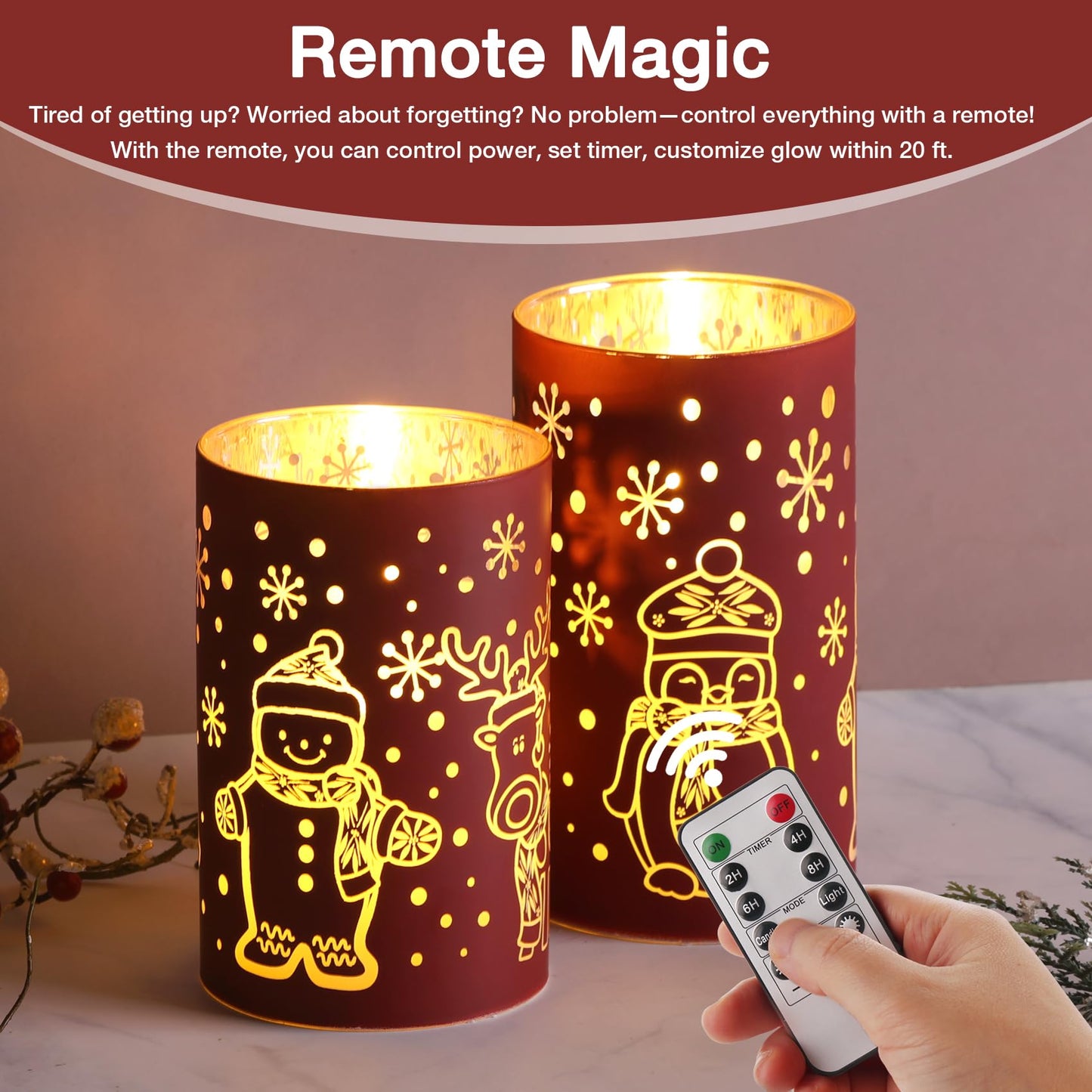 Eywamage Red Glass Flameless Pillar Candles with Remote, Flickering Snowman Deer LED Battery Candles Set of 2