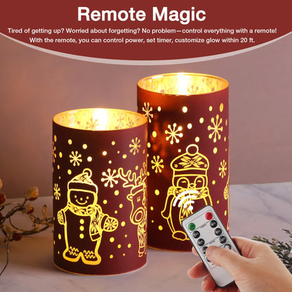 Eywamage Red Glass Flameless Pillar Candles with Remote, Flickering Snowman Deer LED Battery Candles Set of 2