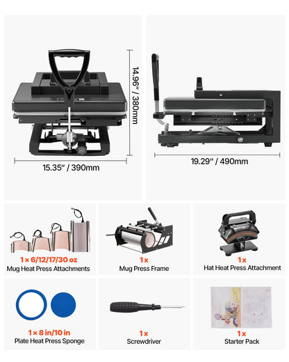VEVOR Hybrid Heat Press, 15 x 15 inch, 8-in-1 Multifunction, Heat Up Fast and Even, All-New Patented Design, Easy to Control, Sublimation Press Machine for T-Shirts/Mugs/Tumblers/Caps/Plates, Black