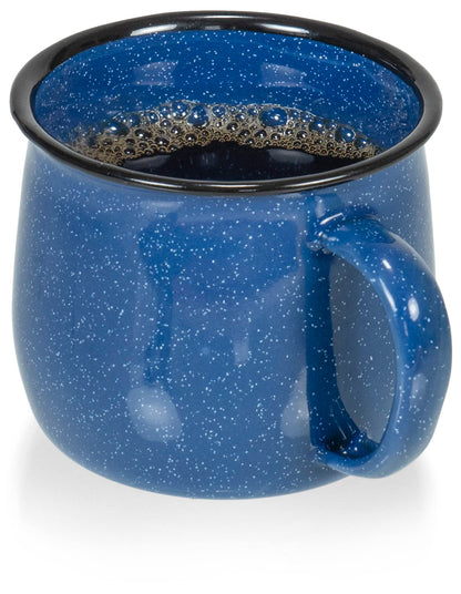 Red Co. Set of 4 Enamelware Metal 12 Oz Round Camping Coffee Mugs with Handle, White-Speckled Blue/Black Rim