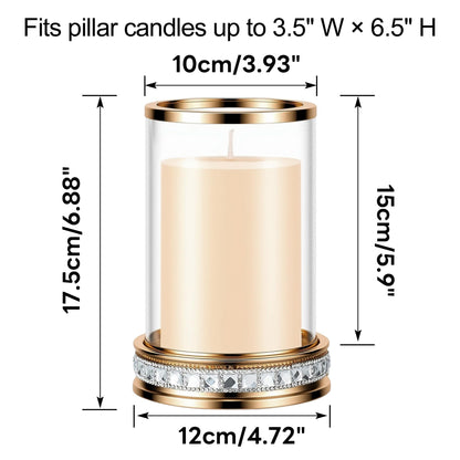 2pcs Hurricane Candle Holder, Pillar Candle Holders with Clear Glass Sleeve, Small Crystal Lantern for Fall Thanksgiving Christmas Holiday Dining Table Centerpiece (Gold)