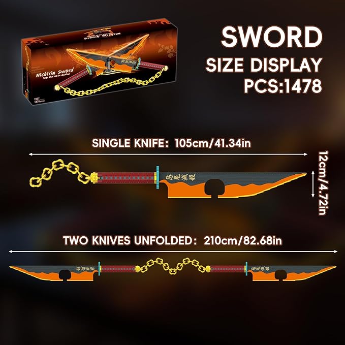 Anime Dual Cleaver Building Set - 1478 Pieces Sound Ninja Sword Model with Golden Chain 82 Inch Huge Nichirin Style Weapon Flashy Cosplay Prop Construction Toy for Adults (Amber &amp Black)
